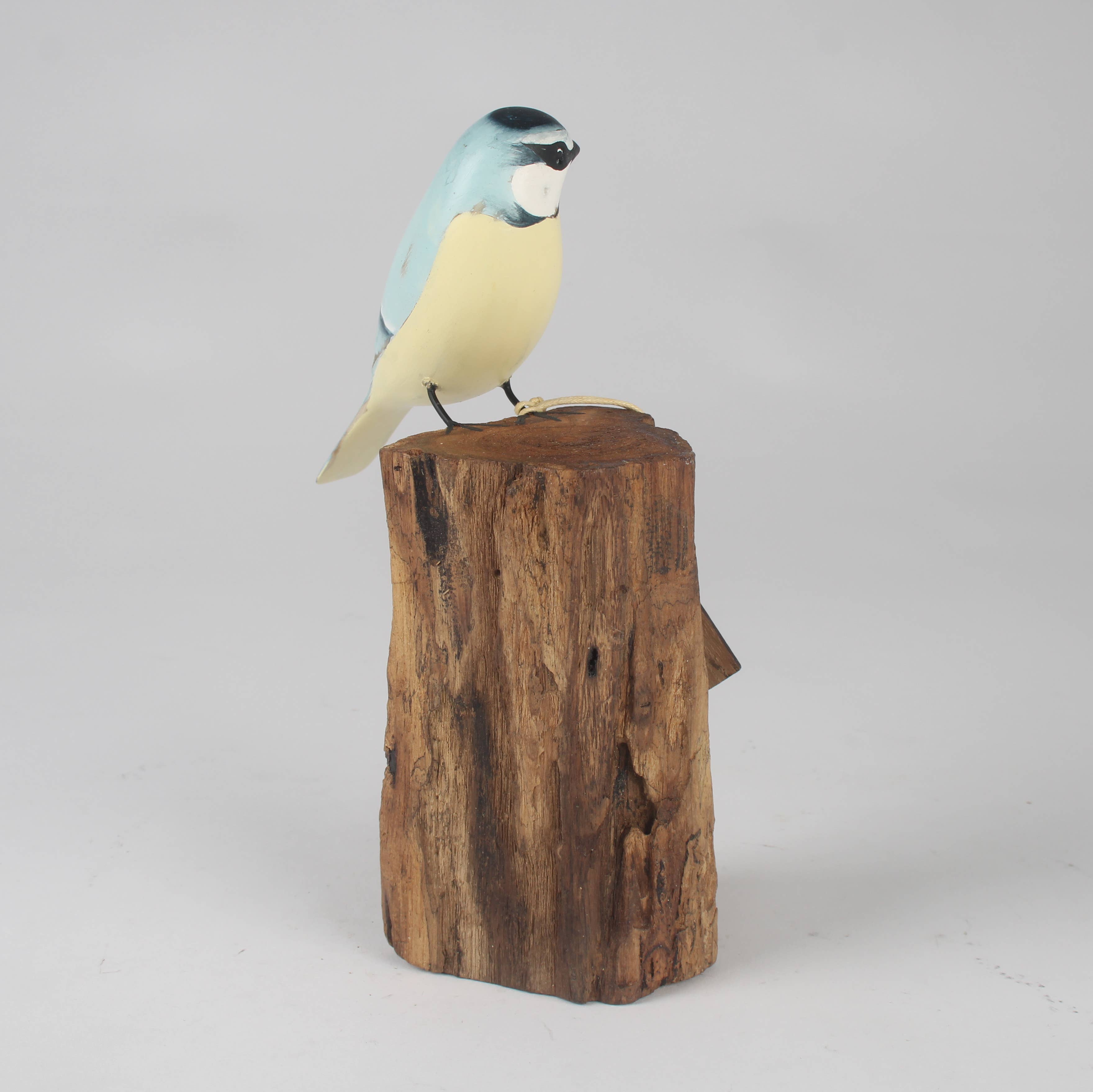 Hand Carved Blue Tit on Tree Stump by Archipelago