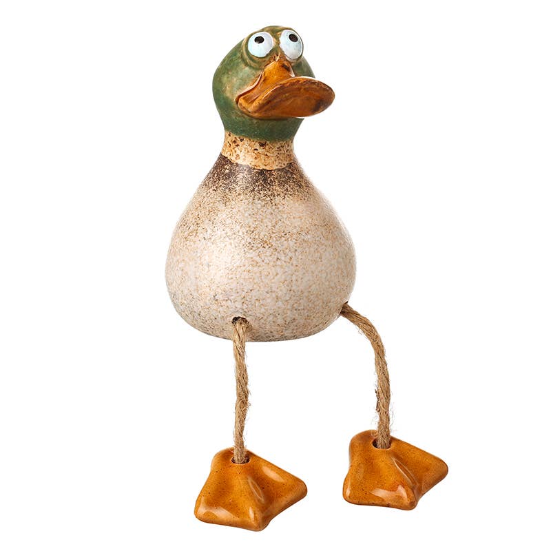 CERAMIC SITTING DUCK WITH DANGLING LEGS