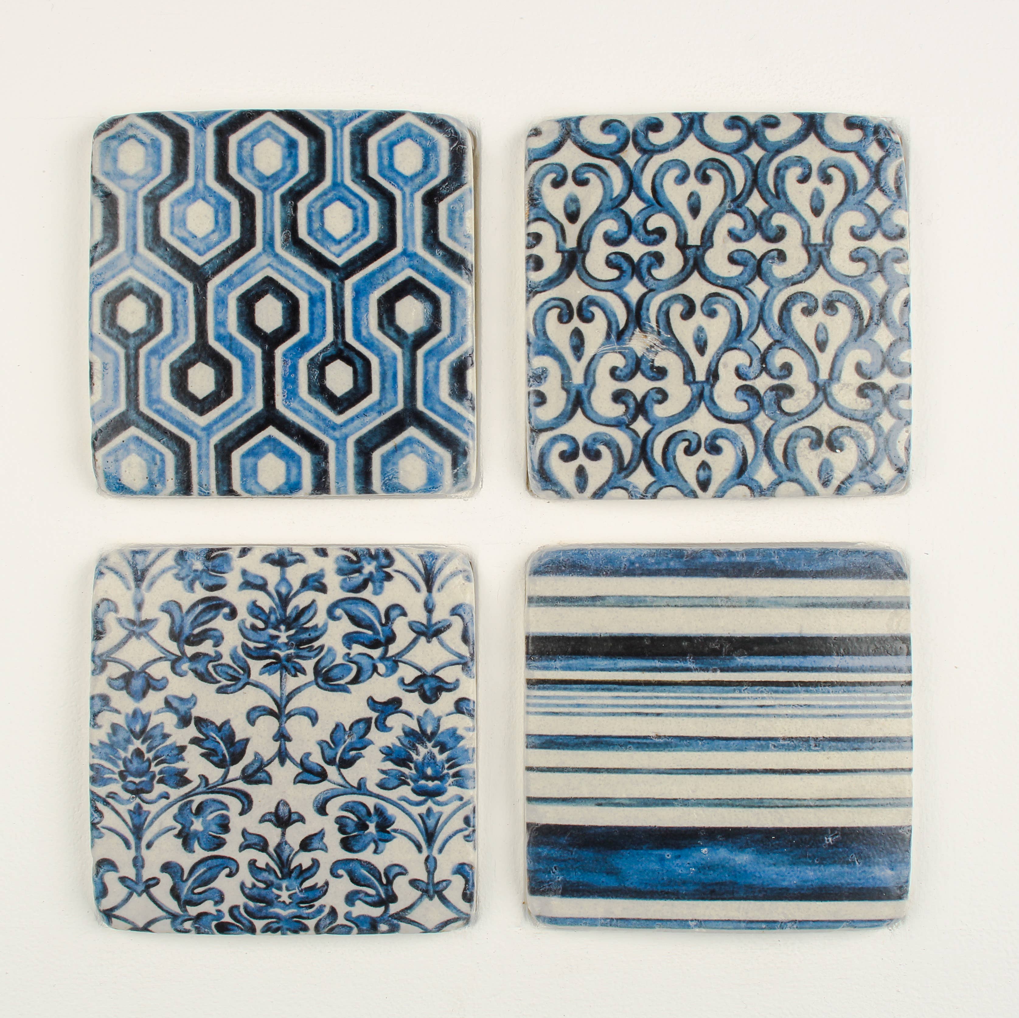 Set of 4 Blue Square Patterned Coasters