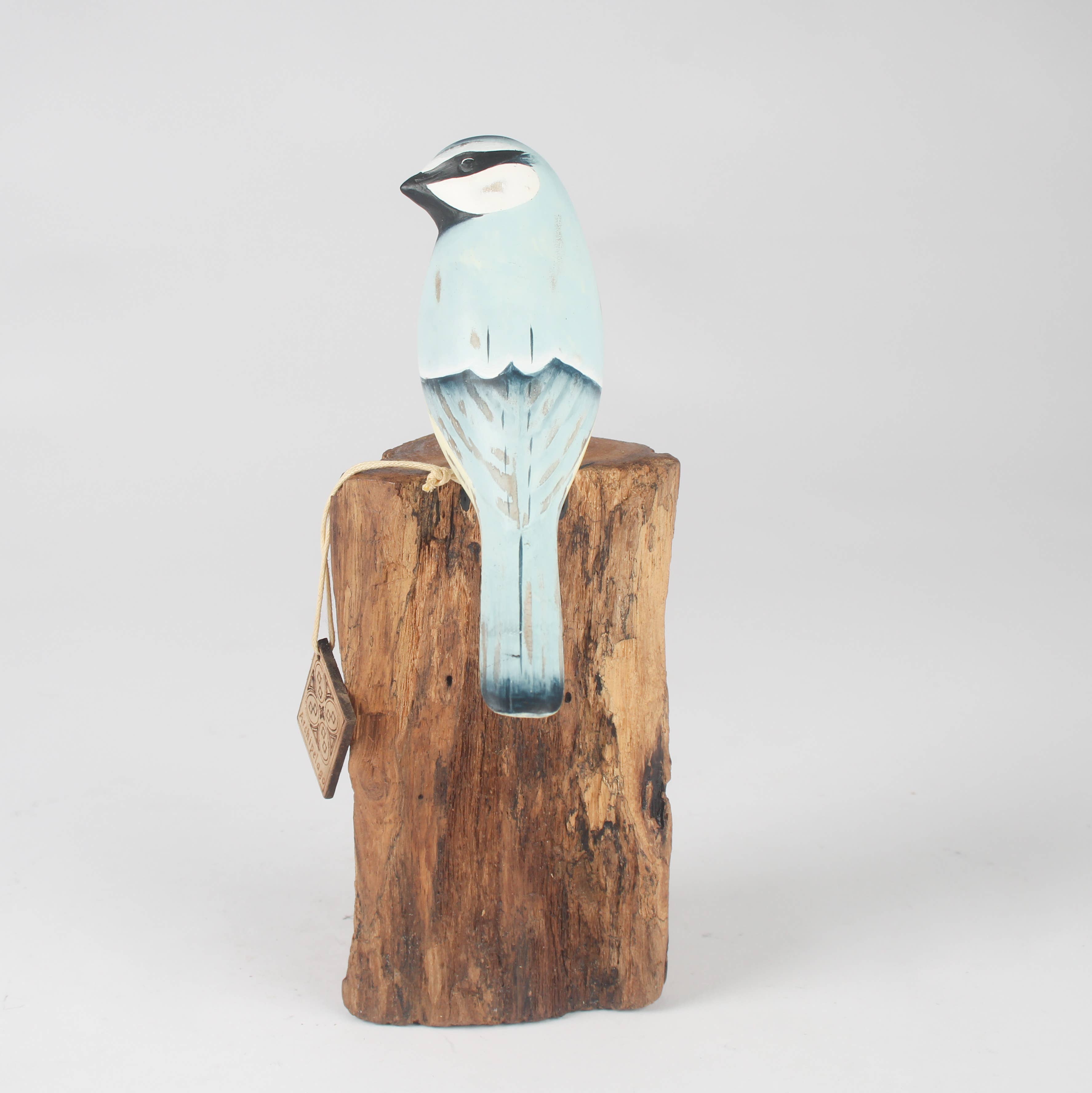 Hand Carved Blue Tit on Tree Stump by Archipelago